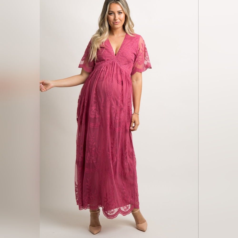 PinkBlush Magenta Lace Mesh Overlay Maternity Maxi Dress